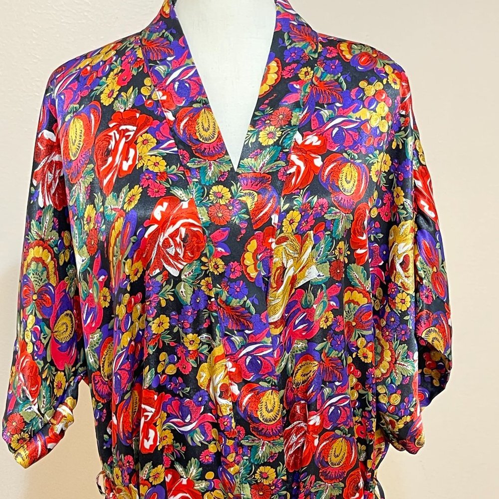 RARE Vintage Henson Kickernick Satin Robe Kimono Floral Size Large